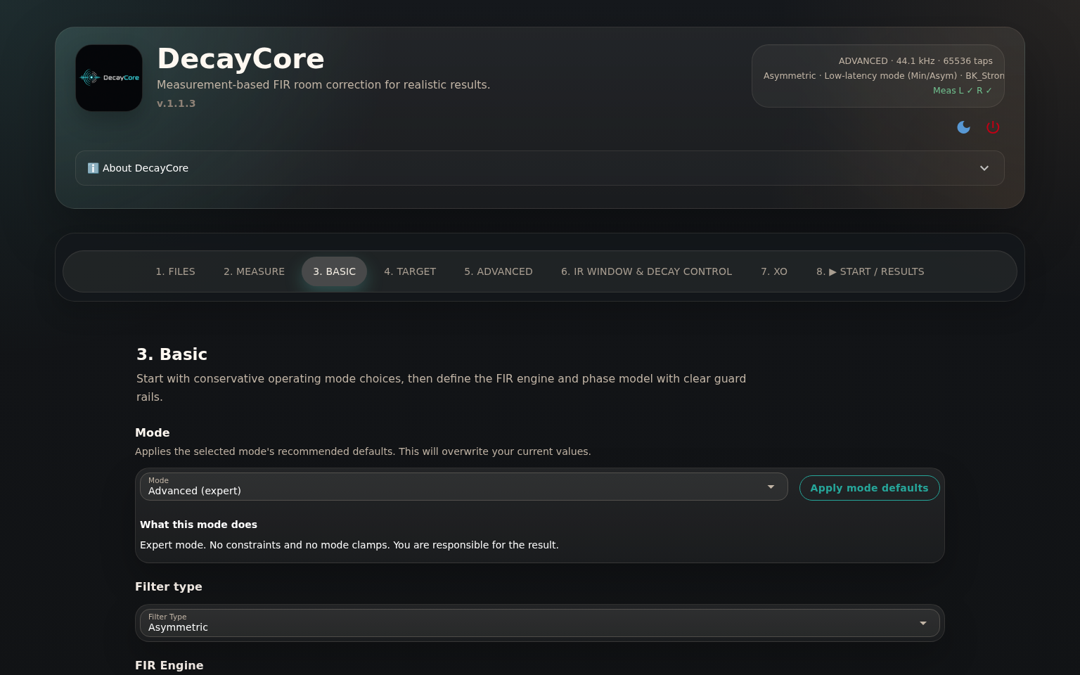 Basic tab — choose operating mode, FIR engine, and sample rate