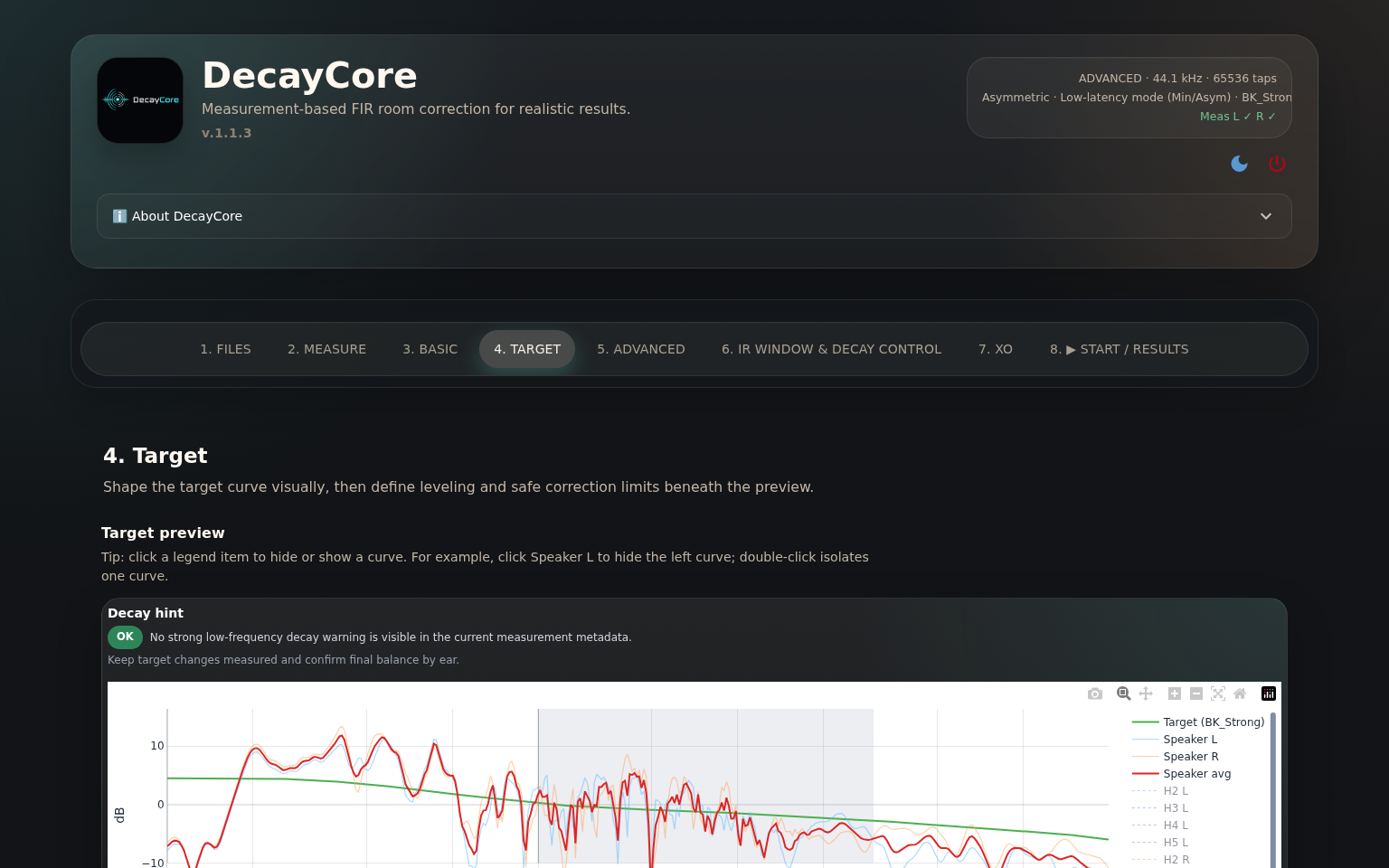 Target tab — shape the target curve, leveling, and gain behavior