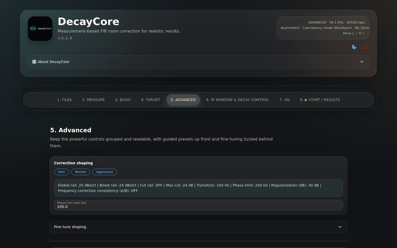 Advanced tab — refine correction shaping, bass protection, and confidence controls