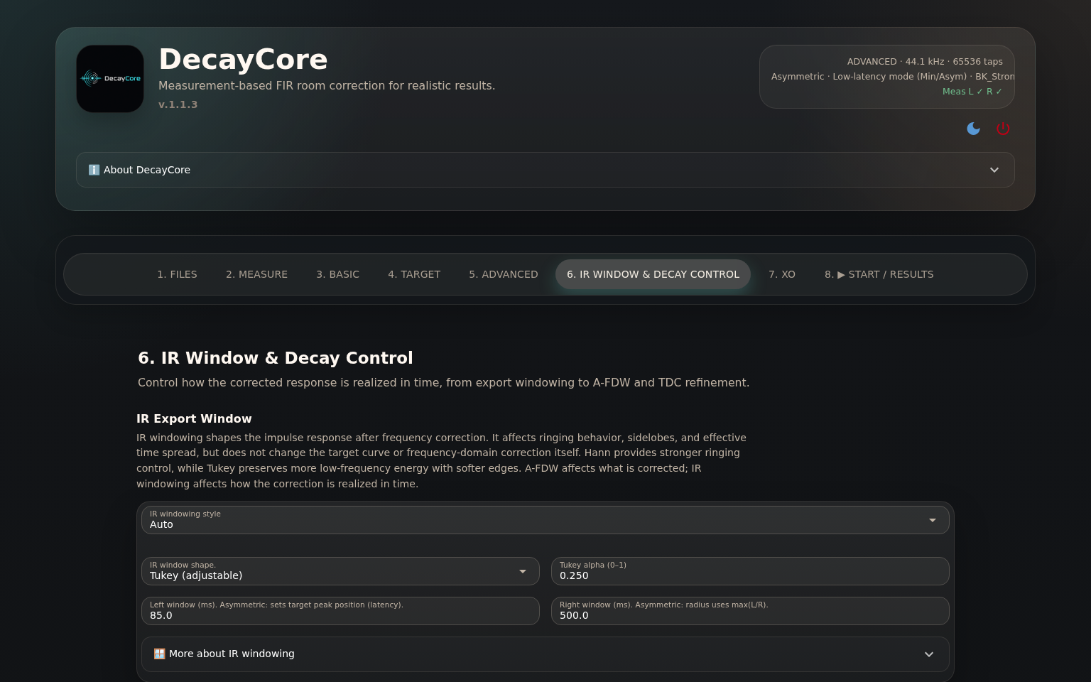 IR Window & Decay Control tab — windowing, A-FDW, and Temporal Decay Control